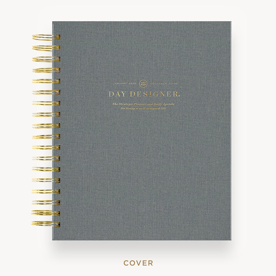 Day Designer 2026 daily planner: charcoal bookcloth hard cover, gold wire binding