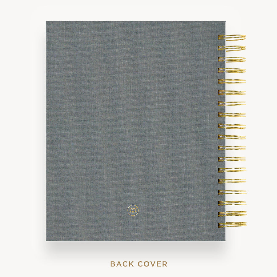 Day Designer 2026 daily planner: charocal bookcloth back cover with gold detail