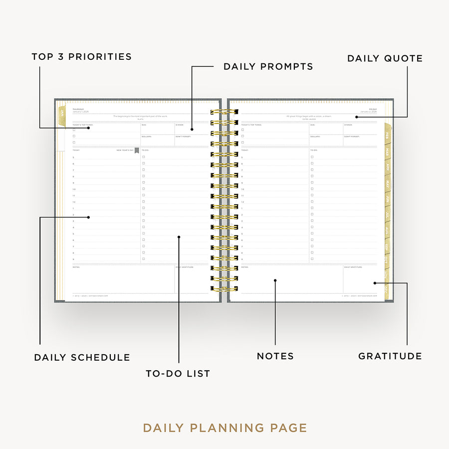 Day Designer 2026 daily planner: charcoal bookcloth opened with captions of contents