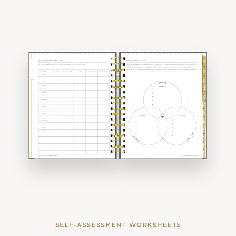 Day Designer 2026 daily planner: charcoal bookcloth cover with self assessment worksheet