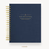 Day Designer 2026 daily planner: navy bookcloth hard cover, gold wire binding