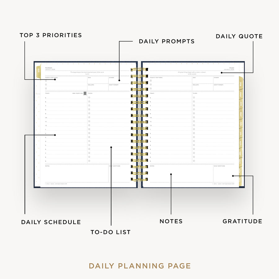 Day Designer 2026 daily planner: navy bookcloth opened with captions of contents