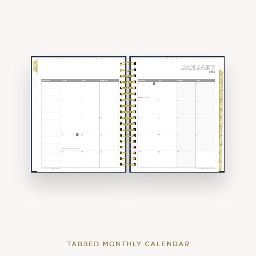 Day Designer 2026 daily planner: navy bookcloth cover with monthly calendar