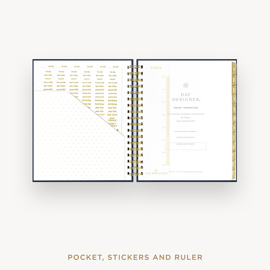 Day Designer 2026 daily planner: navy bookcloth cover with pocket and gold stickers