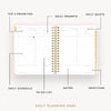 Day Designer 2026 daily planner: peony bookcloth opened with captions of contents
