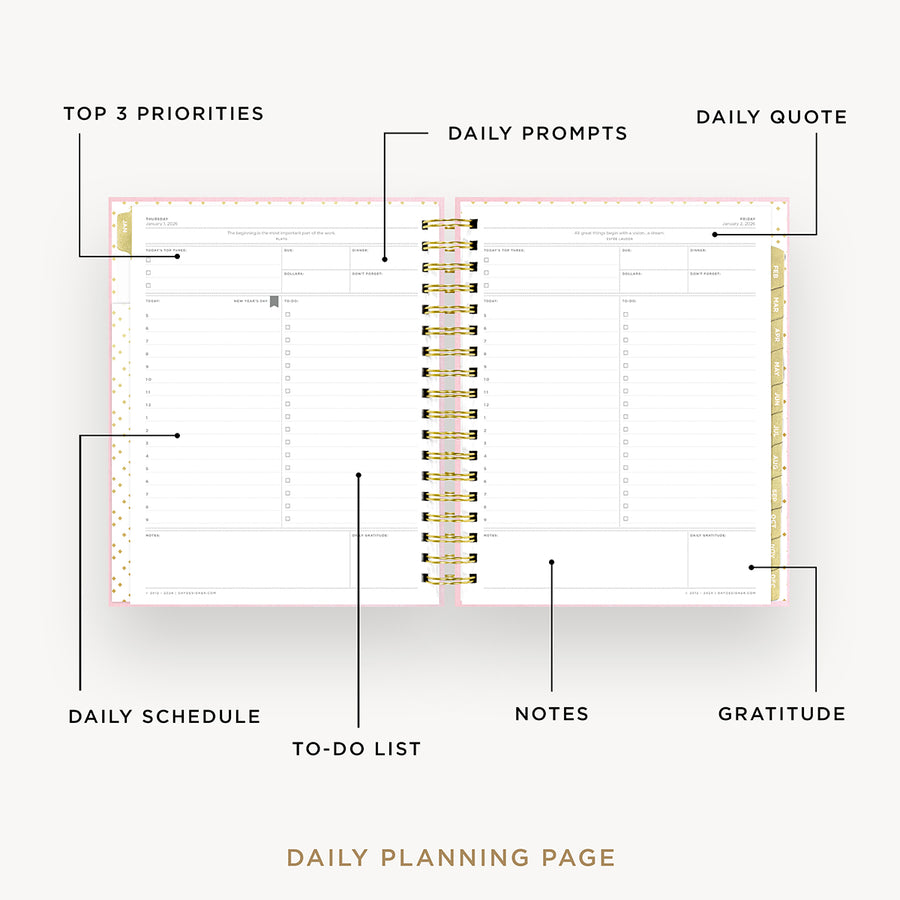 Day Designer 2026 daily planner: peony bookcloth opened with captions of contents