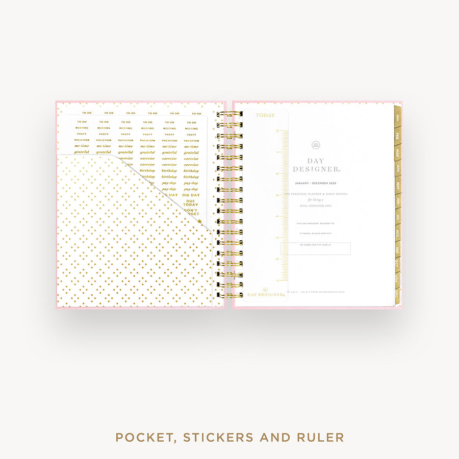 Day Designer 2026 daily planner: peony bookcloth cover with pocket and gold stickers