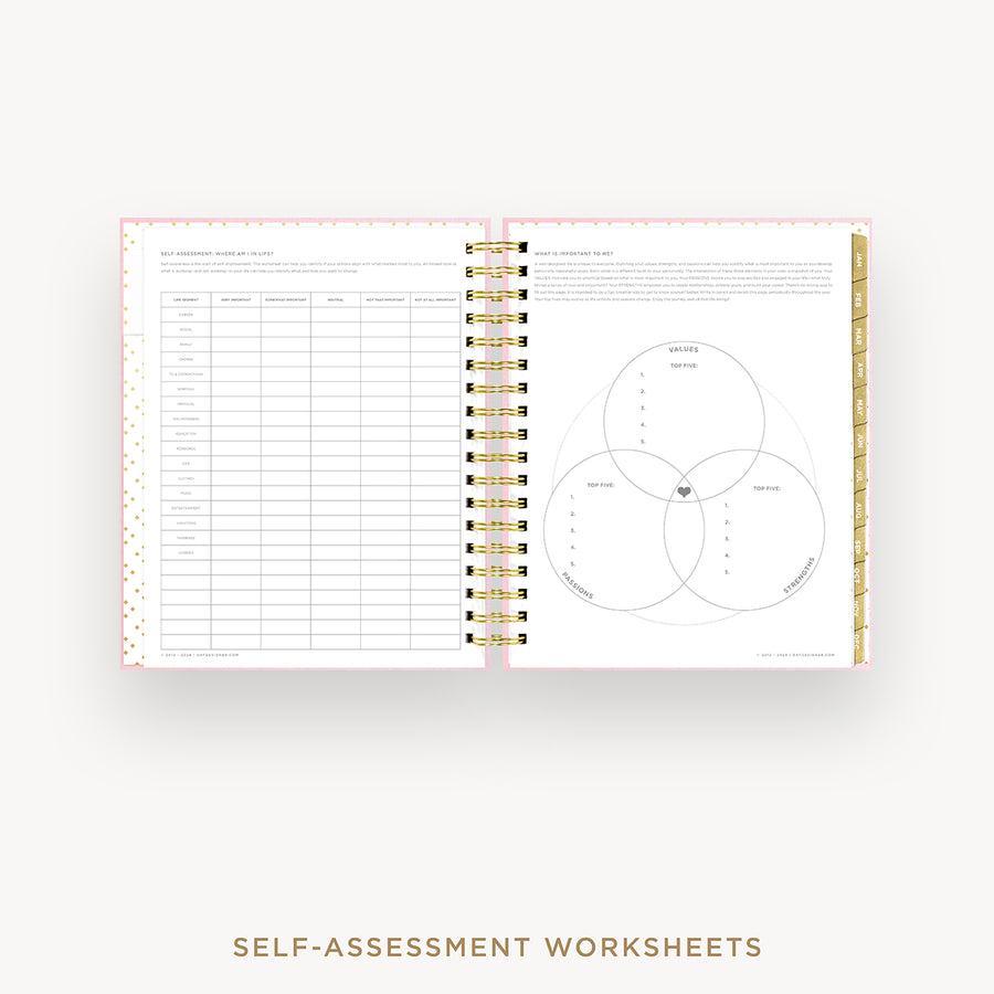 Day Designer 2026 daily planner: peony bookcloth cover with self assessment worksheet