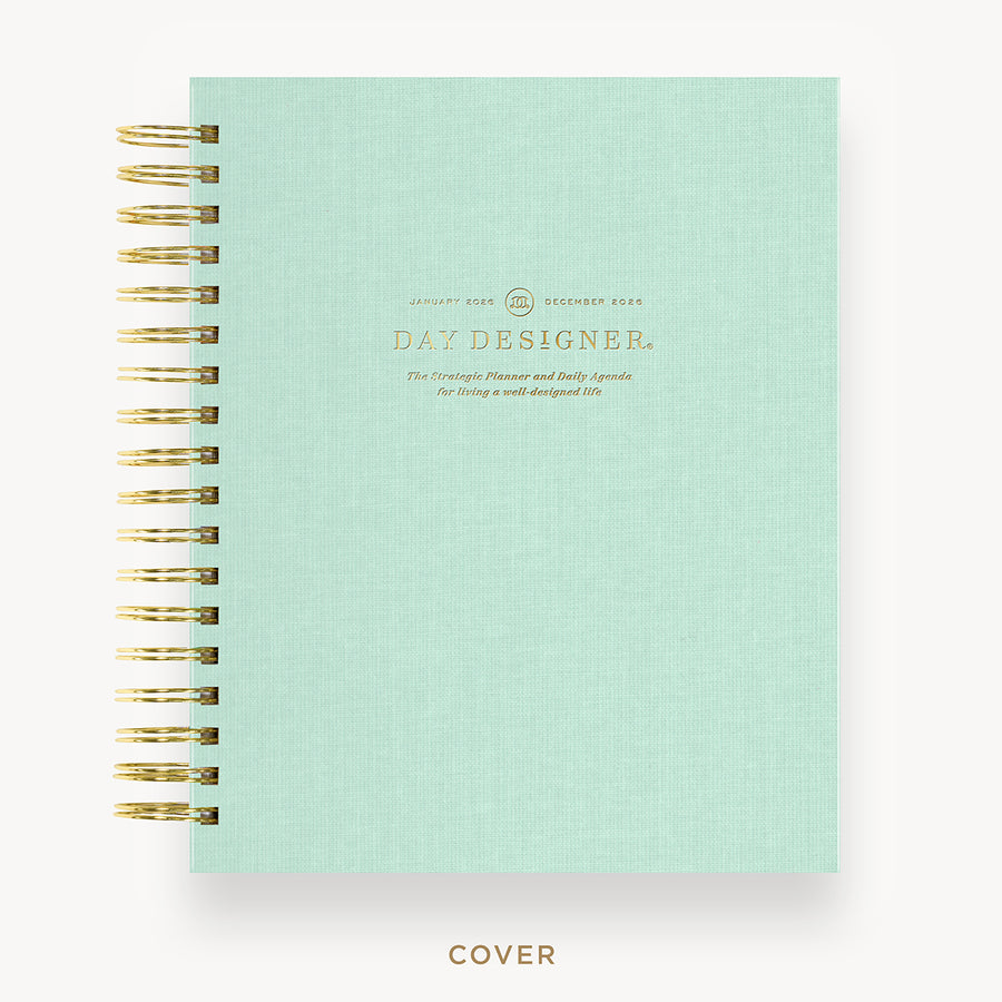 Day Designer 2026 daily planner: sage bookcloth hard cover, gold wire binding