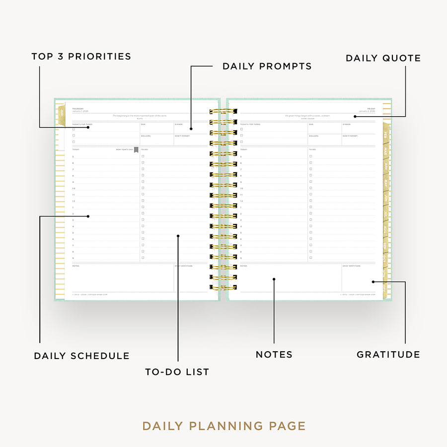 Day Designer 2026 daily planner: sage bookcloth opened with captions of contents