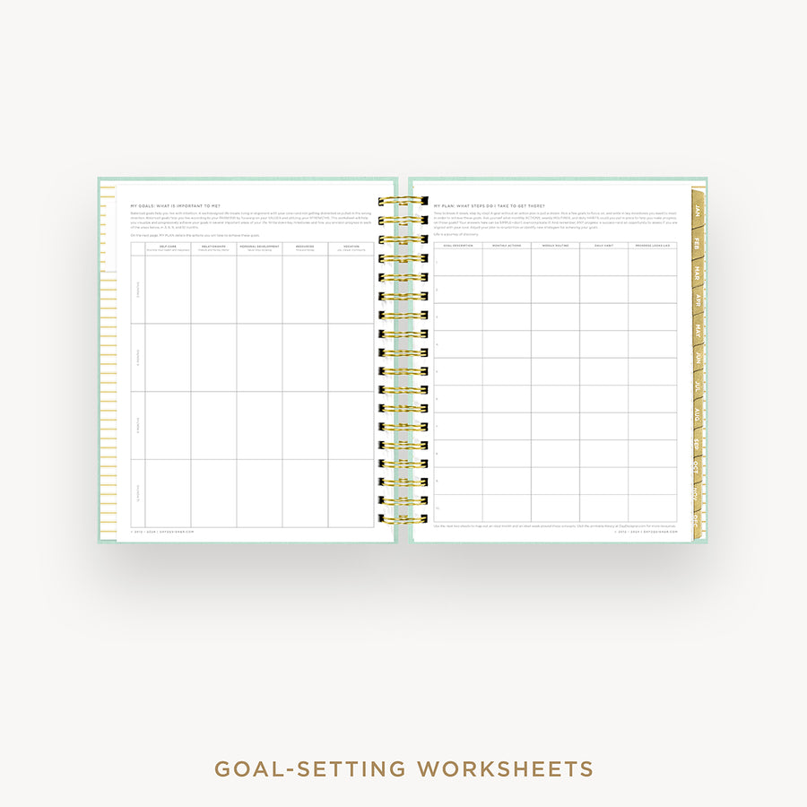 Day Designer 2026 daily planner: sage bookcloth cover with goals worksheet
