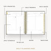 Day Designer 2026 daily planner: classic black pebble texture opened with captions of contents