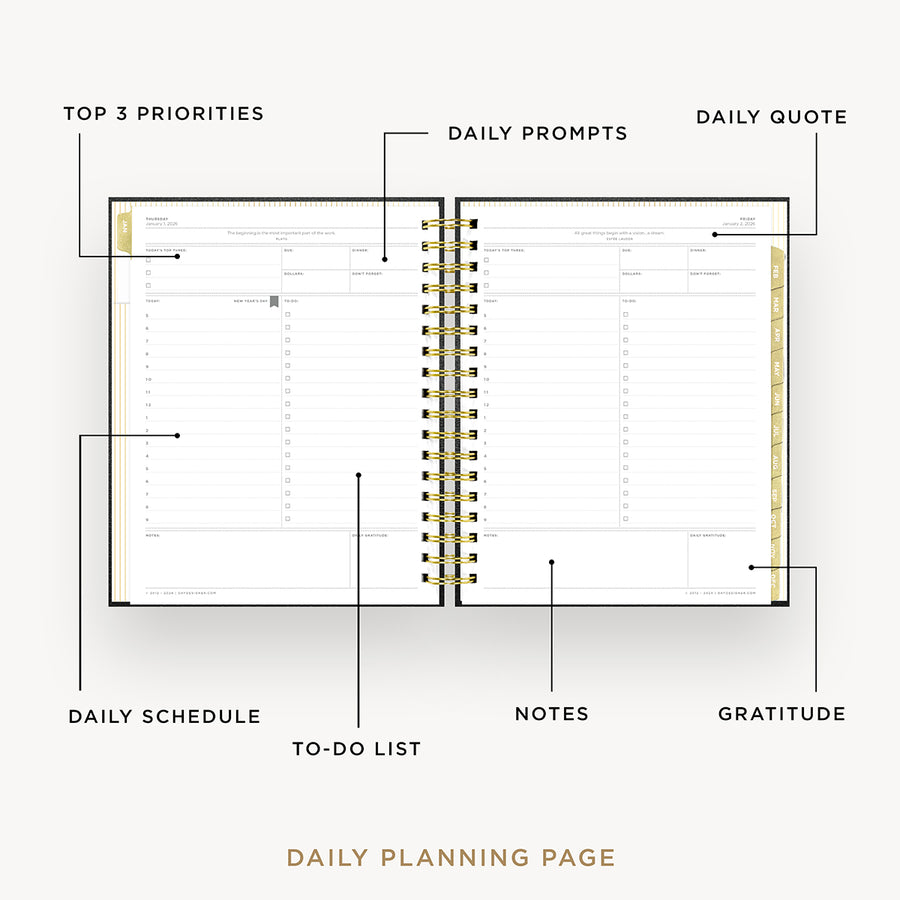 Day Designer 2026 daily planner: classic black pebble texture opened with captions of contents
