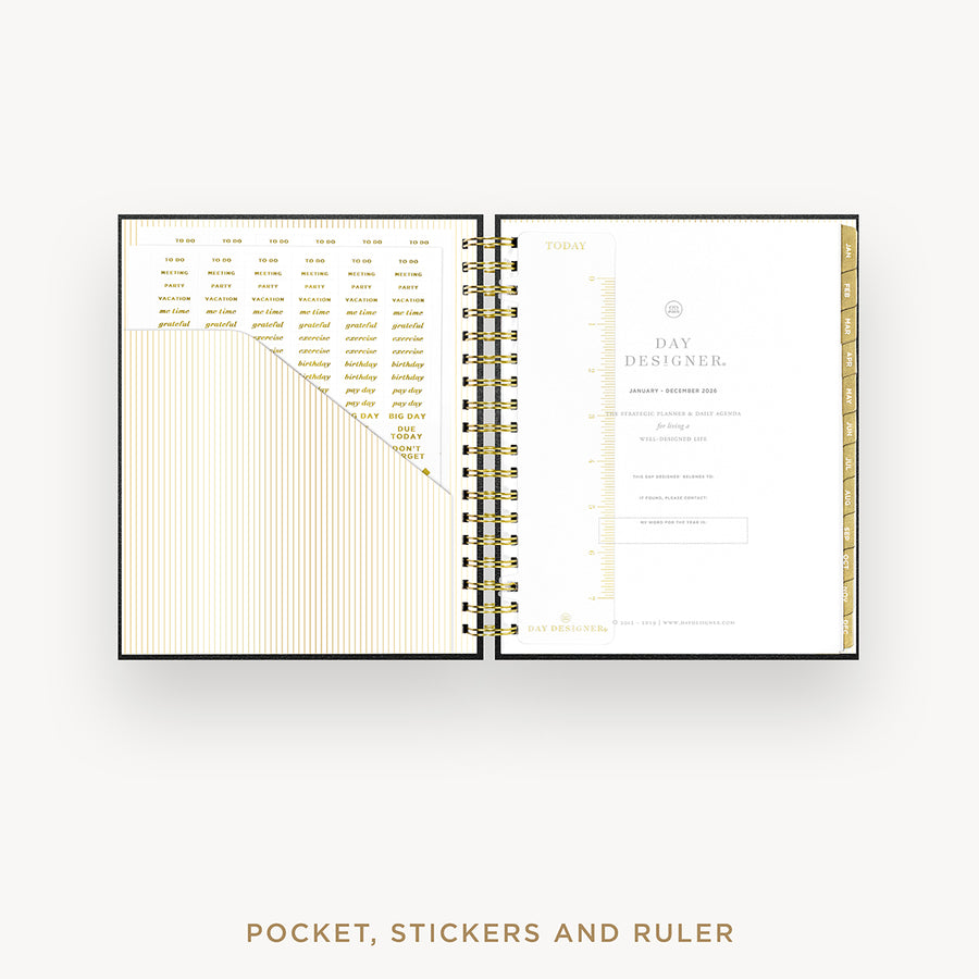 Day Designer 2026 daily planner: classic black pebble texture cover with pocket and gold stickers