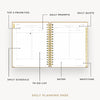 Day Designer 2026 daily planner: caramel latte pebble texture opened with captions of contents