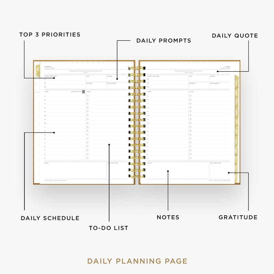 Day Designer 2026 daily planner: caramel latte pebble texture opened with captions of contents