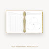 Day Designer 2026 daily planner: caramel latte pebble texture cover with self assessment worksheet