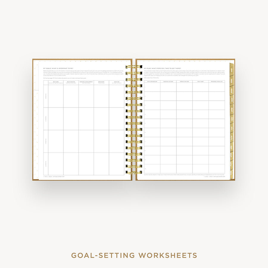 Day Designer 2026 daily planner: caramel latte pebble texture cover with goals worksheet