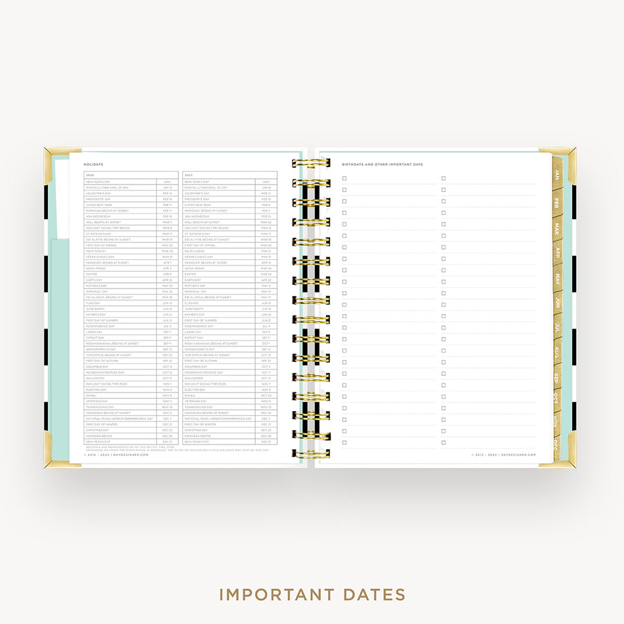 Day Designer 2026 mini daily planner: black stripe cover with holidays page
