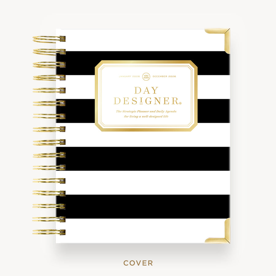 Day Designer 2026 mini daily planner: black stripe hard cover, gold wire binding