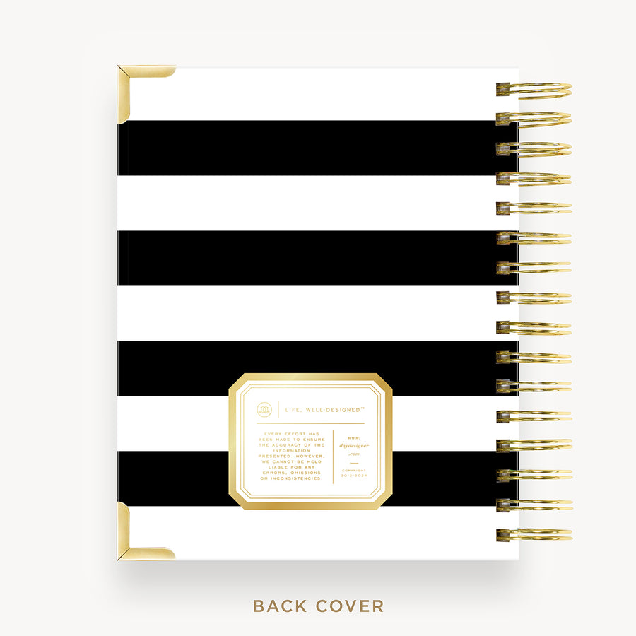 Day Designer 2026 mini daily planner: black stripe cover with back cover with gold detail