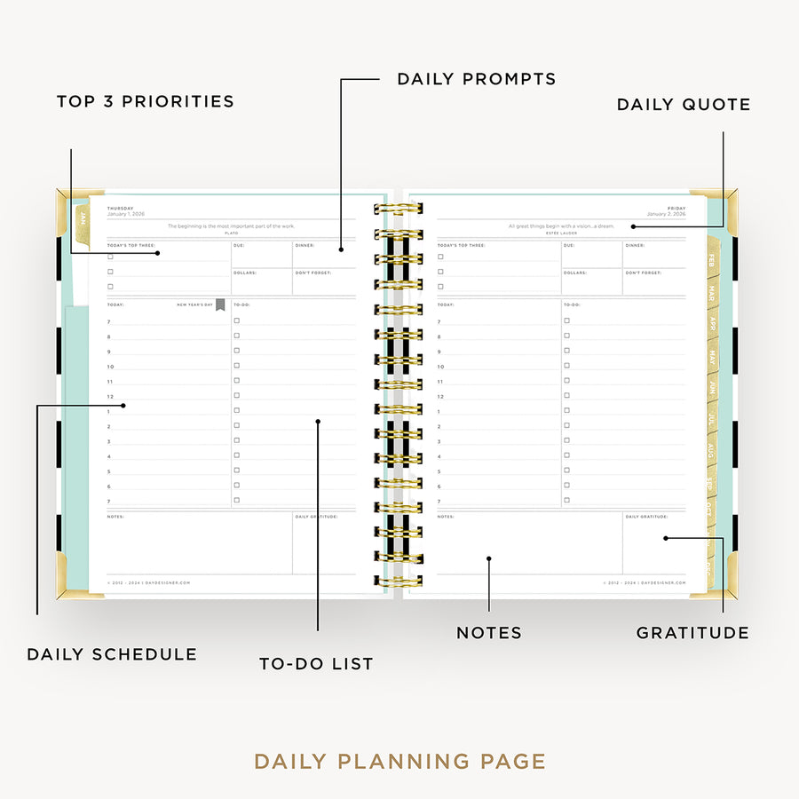 Day Designer 2026 mini daily planner: black stripe opened with captions of contents