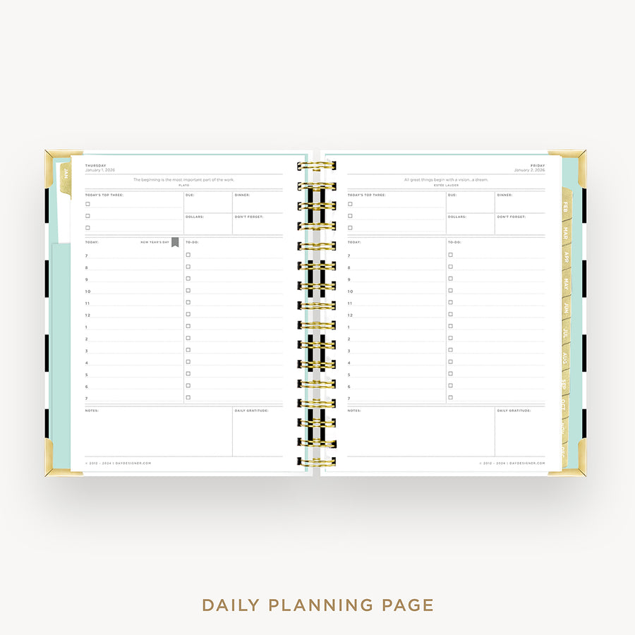 Day Designer 2026 mini daily planner: black stripe cover with daily planning page