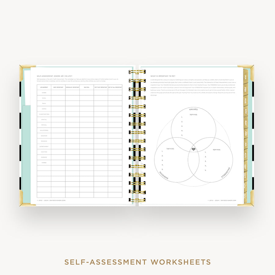 Day Designer 2026 mini daily planner: black stripe cover with self assessment worksheet