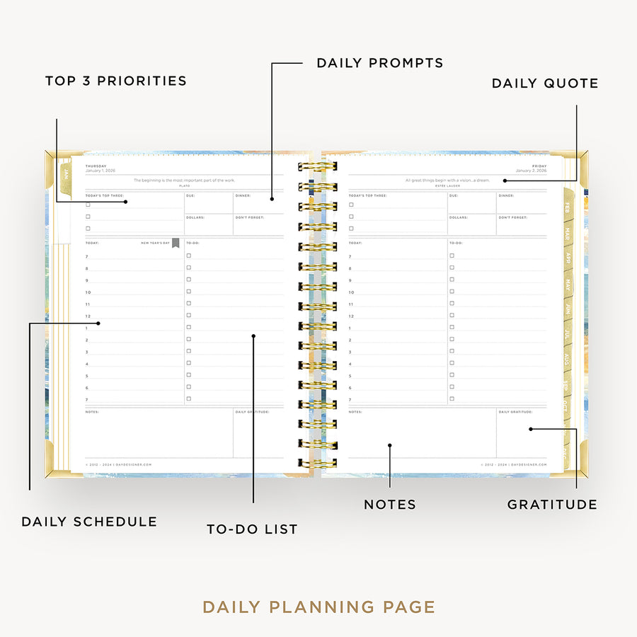 Day Designer 2026 mini daily planner: sea and sky opened with captions of contents