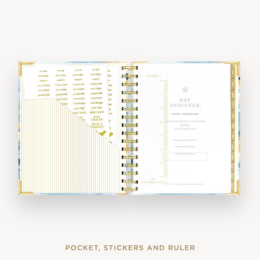 Day Designer 2026 mini daily planner: sea and sky cover with pocket and gold stickers