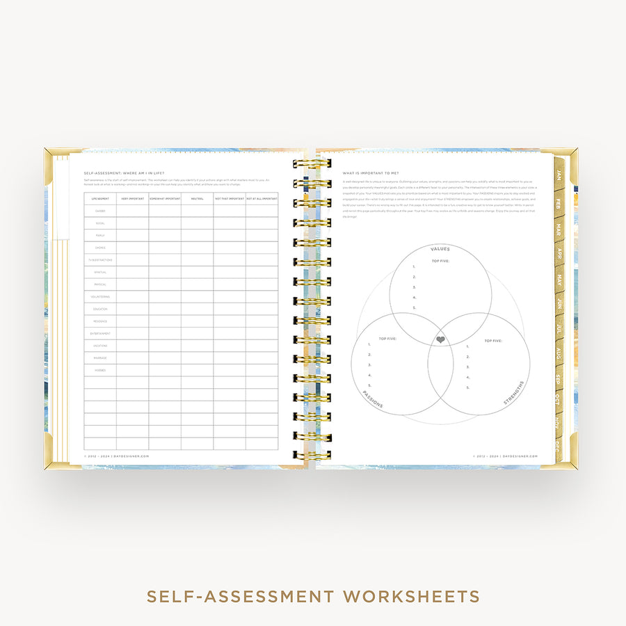 Day Designer 2026 mini daily planner: sea and sky cover with self assessment worksheet