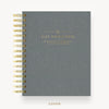 Day Designer 2026 mini daily planner: charcoal bookcloth hard cover, gold wire binding