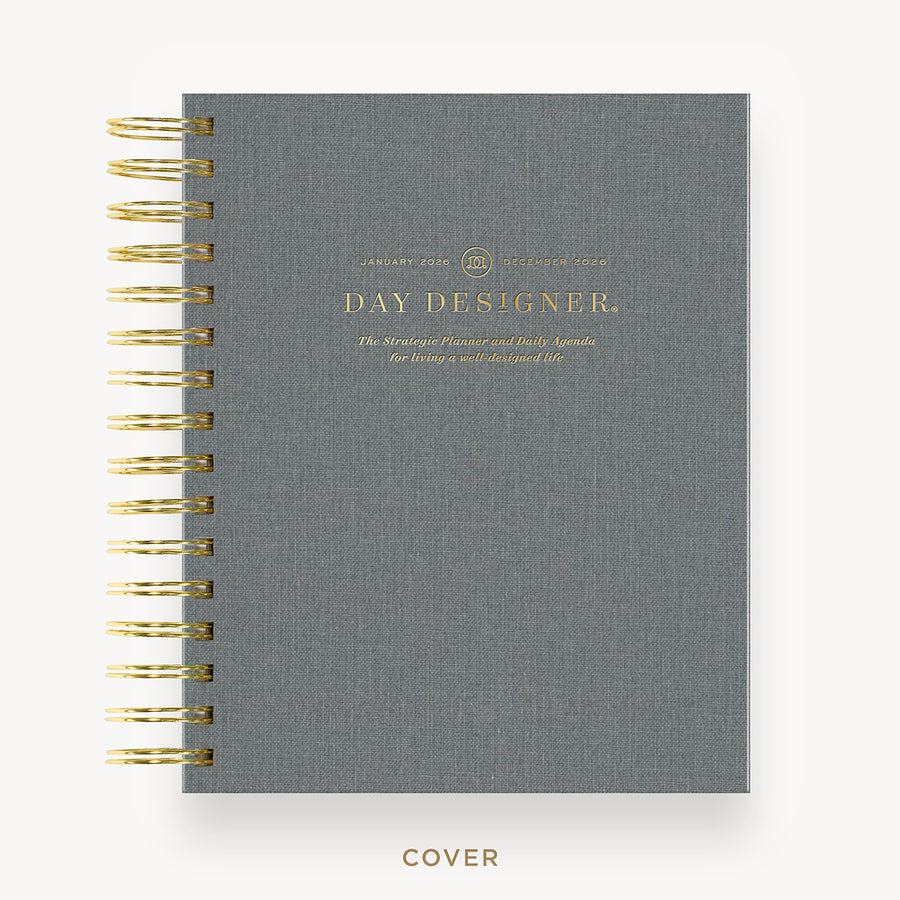 Day Designer 2026 mini daily planner: charcoal bookcloth hard cover, gold wire binding