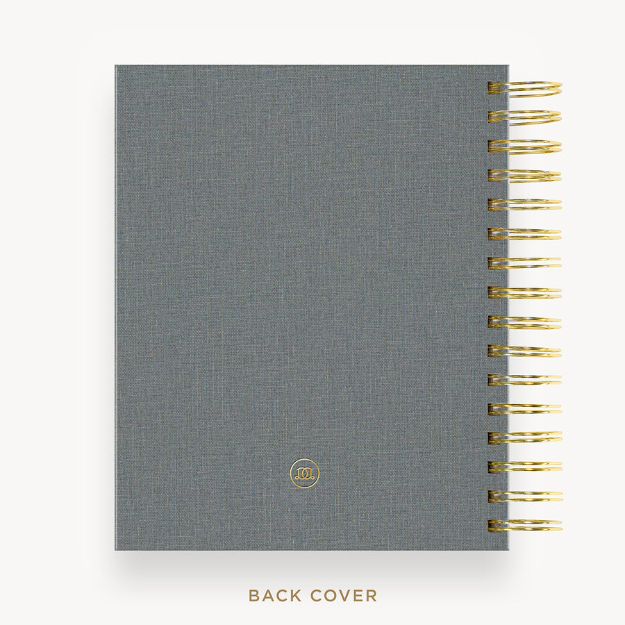 Day Designer 2026 mini daily planner: charcoal bookcloth cover with back cover with gold detail