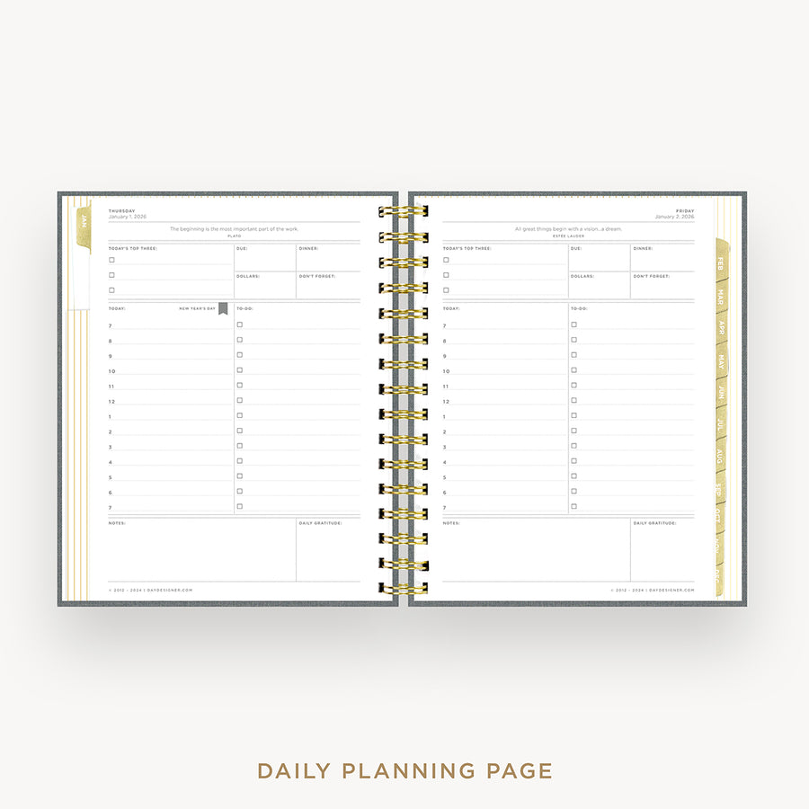 Day Designer 2026 mini daily planner: charcoal bookcloth cover with daily planning page
