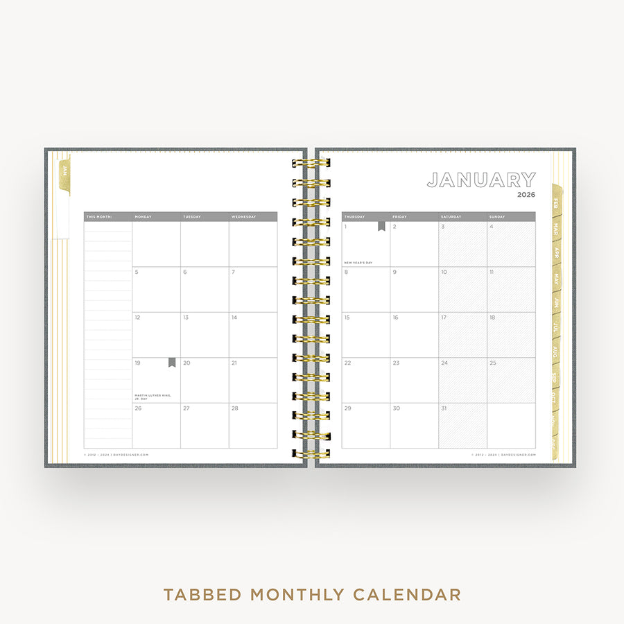 Day Designer 2026 mini daily planner: charcoal bookcloth cover with monthly calendar