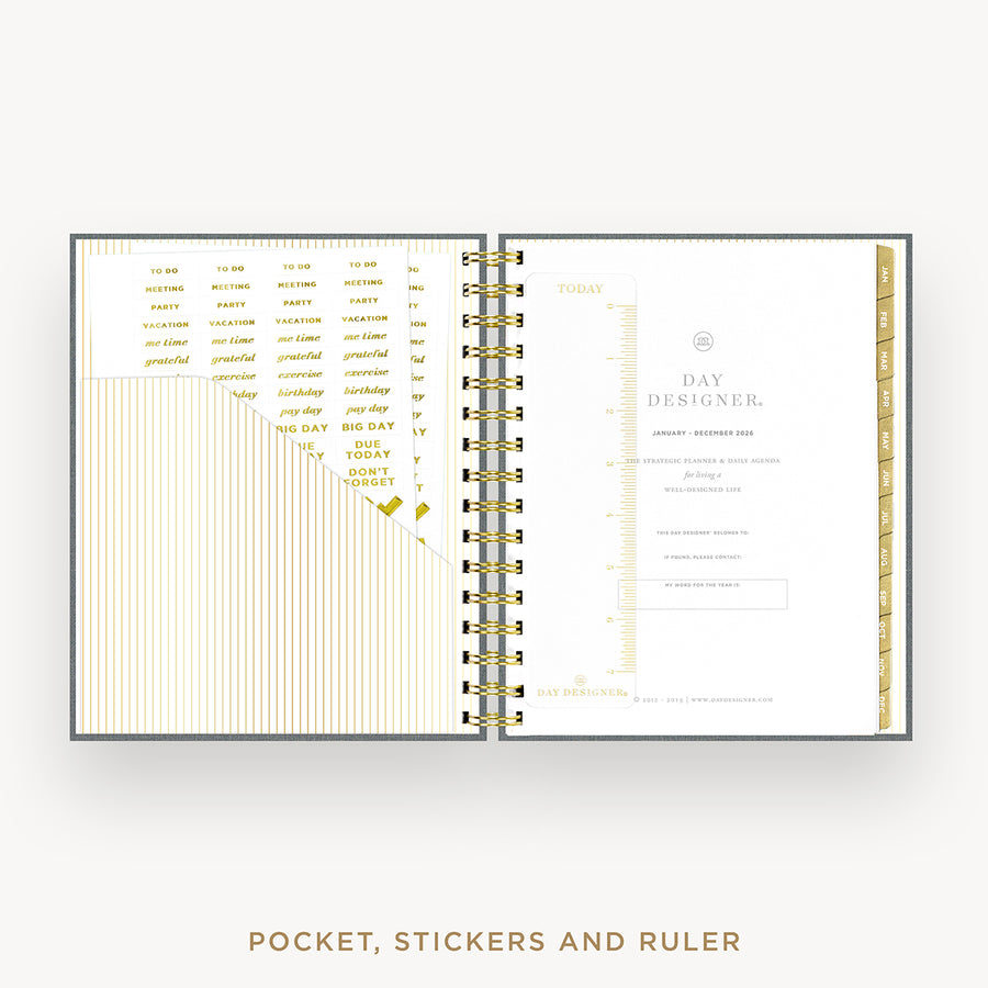 Day Designer 2026 mini daily planner: charcoal bookcloth cover with pocket and gold stickers