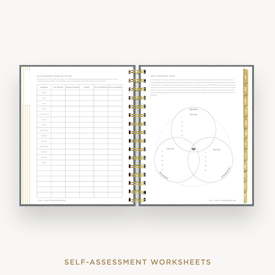 Day Designer 2026 mini daily planner: charcoal bookcloth cover with self assessment worksheet