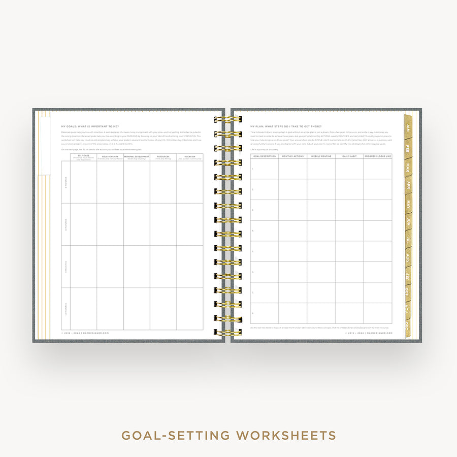Day Designer 2026 mini daily planner: charcoal bookcloth cover with goals worksheet