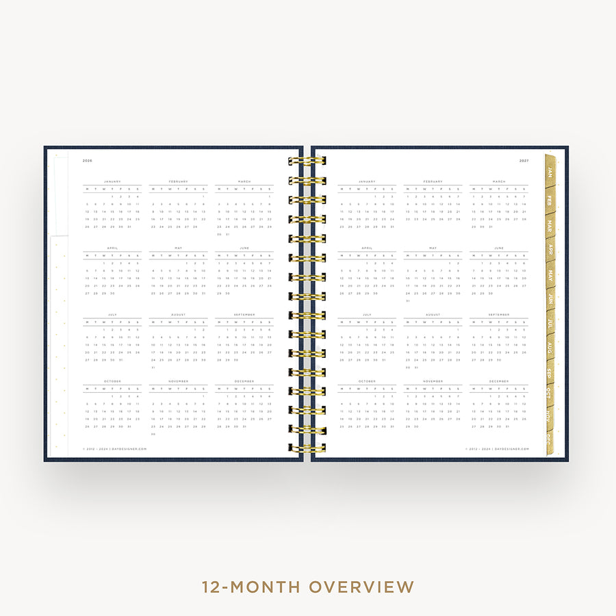 Day Designer 2026 mini daily planner: navy bookcloth cover with 12 month calendar