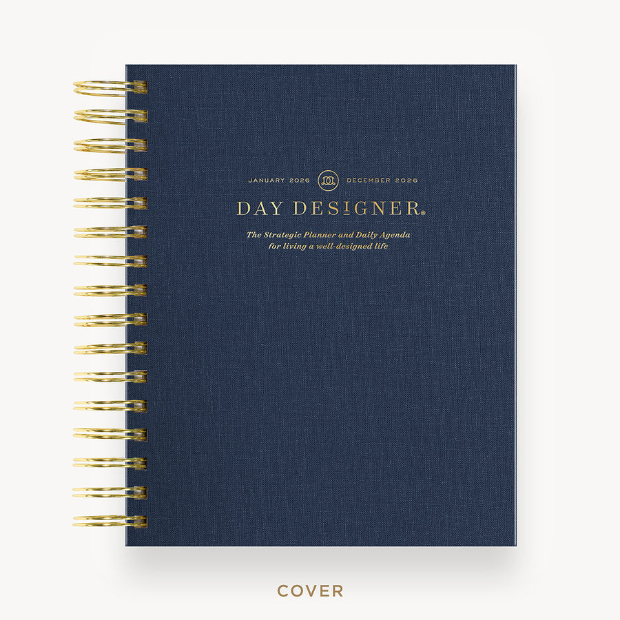 Day Designer 2026 mini daily planner: navy bookcloth hard cover, gold wire binding