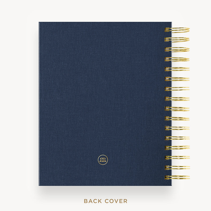 Day Designer 2026 mini daily planner: navy bookcloth cover with back cover with gold detail