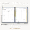 Day Designer 2026 mini daily planner: navy bookcloth opened with captions of contents