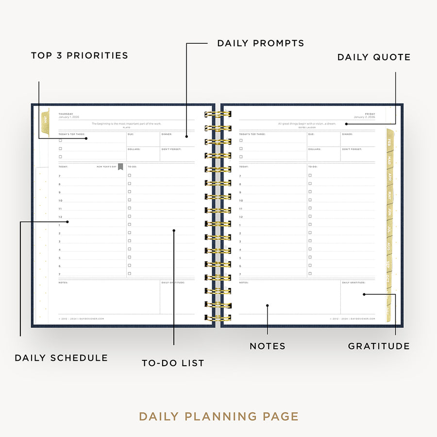 Day Designer 2026 mini daily planner: navy bookcloth opened with captions of contents
