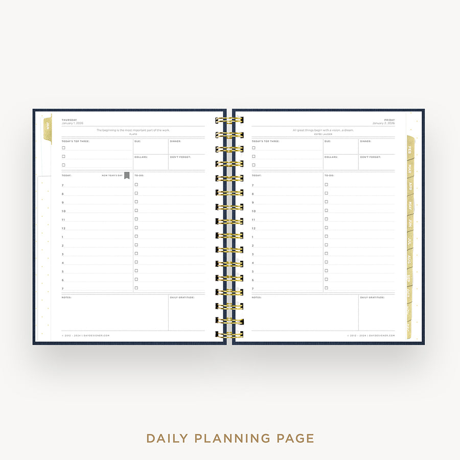 Day Designer 2026 mini daily planner: navy bookcloth cover with daily planning page