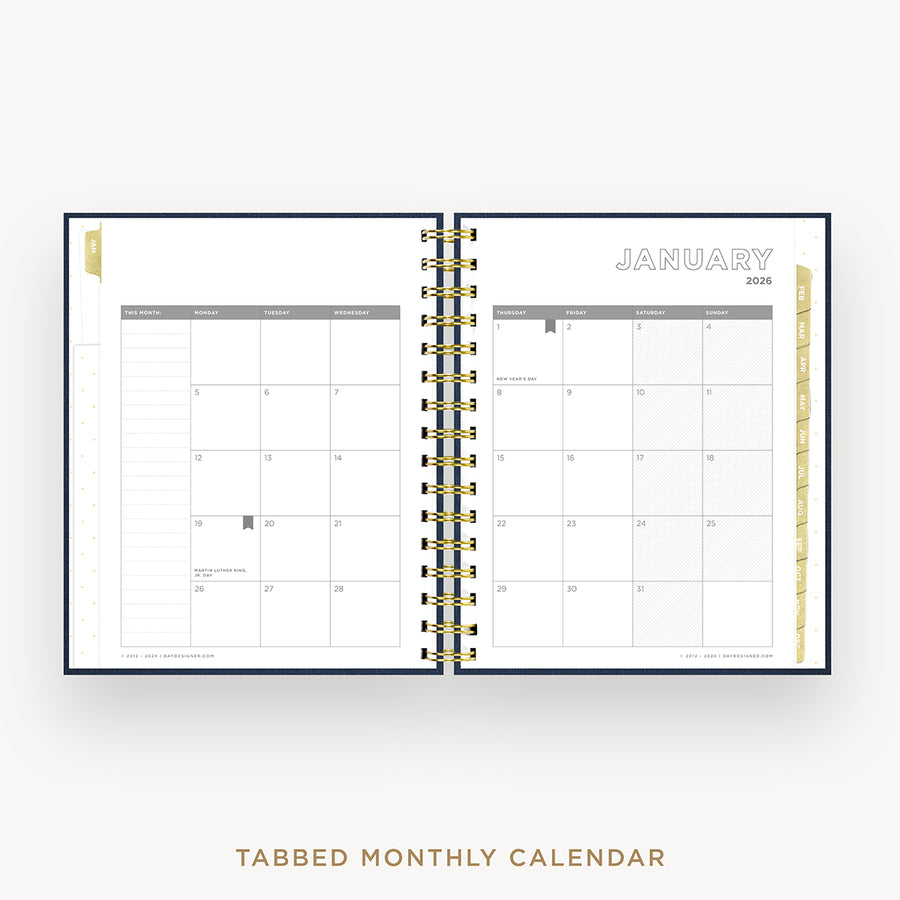 Day Designer 2026 mini daily planner: navy bookcloth cover with monthly calendar