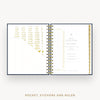Day Designer 2026 mini daily planner: navy bookcloth cover with pocket and gold stickers