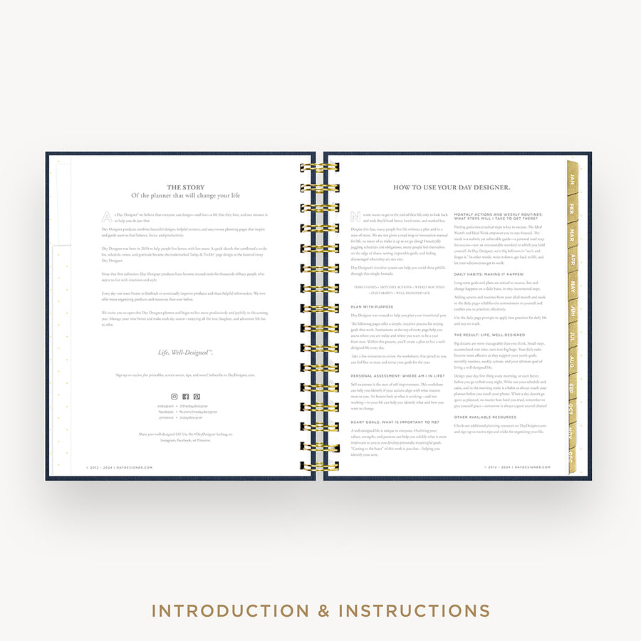 Day Designer 2026 mini daily planner: navy bookcloth cover with introduction
