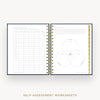 Day Designer 2026 mini daily planner: navy bookcloth cover with self assessment worksheet