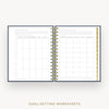 Day Designer 2026 mini daily planner: navy bookcloth cover with goals worksheet
